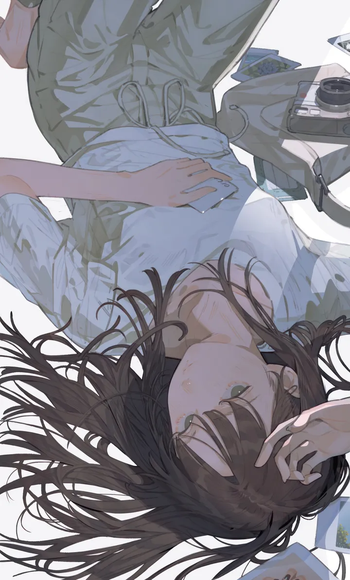 1girl,on_back,upside-down,bangs,bag,solo,closed_mouth,phone,holding,smartphone,simple_background,brown_hair,camera,white_background,white_shirt,looking_at_viewer,short_sleeves,cellphone,vertical,green_eyes,shirt,pants,barefoot,lying,long_hair