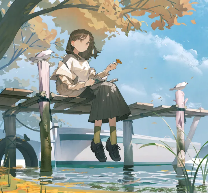 1girl,medium_hair,book,cloud,parted_bangs,bangs,animal,solo,leaf,closed_mouth,sitting,sky,jacket,outdoors,holding_leaf,holding,tree,brown_hair,brown_eyes,water,grey_skirt,day,white_shirt,white_bird,pleated_skirt,skirt,vertical,grass,blue_sky,shirt,socks,bench,long_sleeves,off_shoulder,shoes,bird,yellow_socks,black_skirt,black_footwear