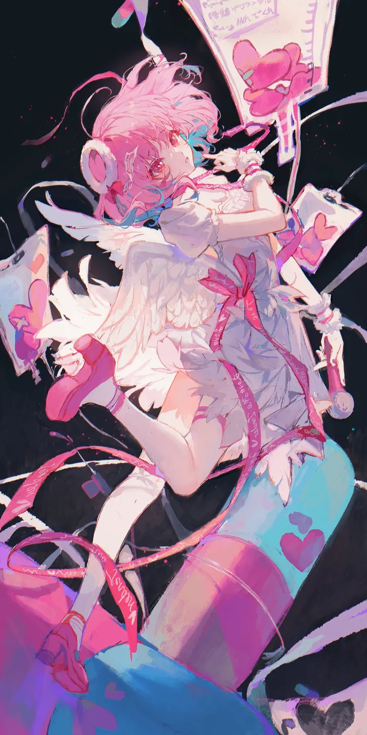 1girl,ribbon,full_body,bangs,solo,two-tone_hair,ahoge,multicolored_hair,angel_wings,heart,holding,white_wings,white_dress,looking_at_viewer,short_hair,short_sleeves,vertical,pink_ribbon,pink_hair,pink_eyes,pink_bow,wrist_cuffs,feathered_wings,wings,pill,blue_hair,puffy_short_sleeves,puffy_sleeves,bow,dress,microphone,black_background