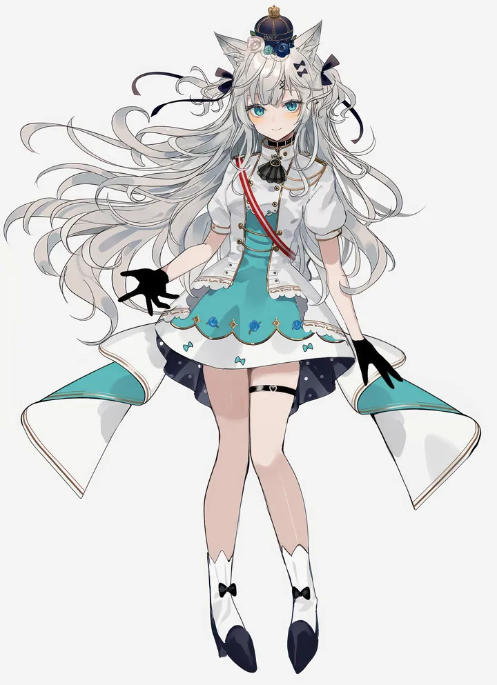 1girl,virtual_youtuber,full_body,animal_ears,bangs,solo,closed_mouth,thigh_strap,hair_ornament,jacket,two_side_up,very_long_hair,gloves,simple_background,grey_hair,white_jacket,white_background,crown,looking_at_viewer,short_sleeves,skirt,vertical,smile,animal_ear_fluff,blue_eyes,blue_flower,puffy_short_sleeves,puffy_sleeves,open_jacket,open_clothes,long_hair,black_gloves