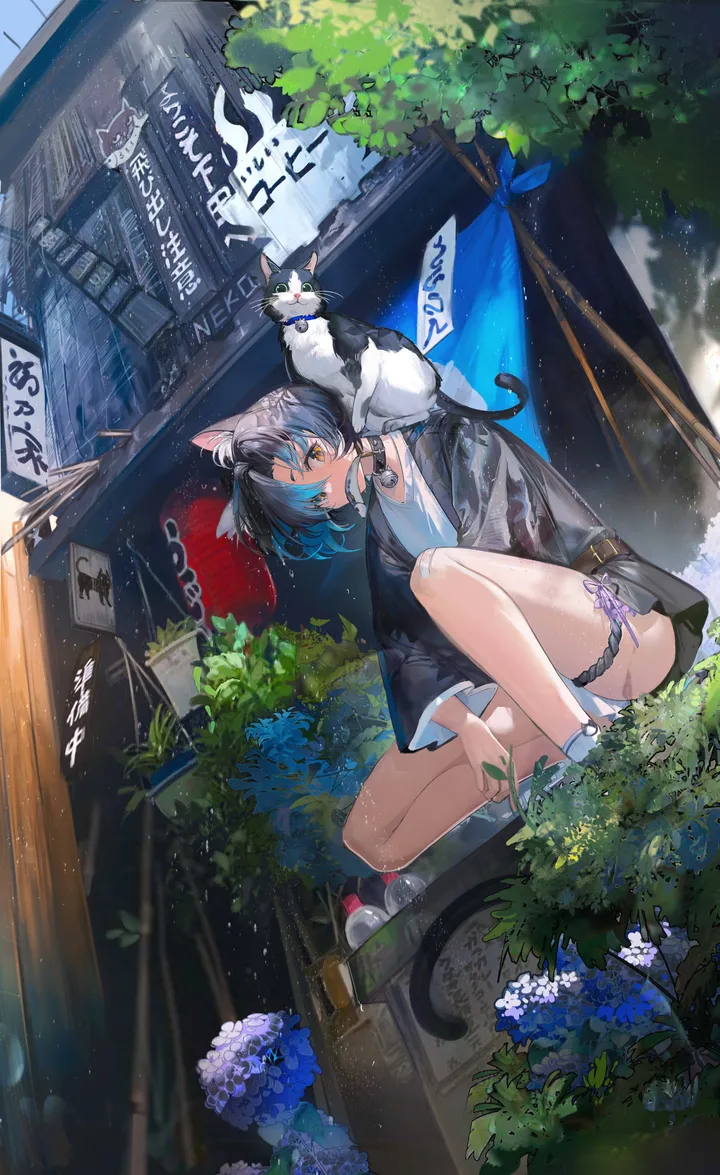 1girl,animal_ears,sign,bangs,animal,solo,multicolored_hair,thigh_strap,jacket,tail,banner,outdoors,paper_lantern,plant,lantern,cat,cat_girl,cat_tail,slit_pupils,cat_ears,jingle_bell,mouth_hold,day,white_shirt,belt,looking_at_viewer,short_hair,vertical,purple_flower,hydrangea,animal_ear_fluff,animal_on_shoulder,blue_hair,blue_flower,shirt,socks,wet,squatting,bell,neck_bell,long_sleeves,one_eye_closed,rain,collar,flower,yellow_eyes,black_hair,black_jacket