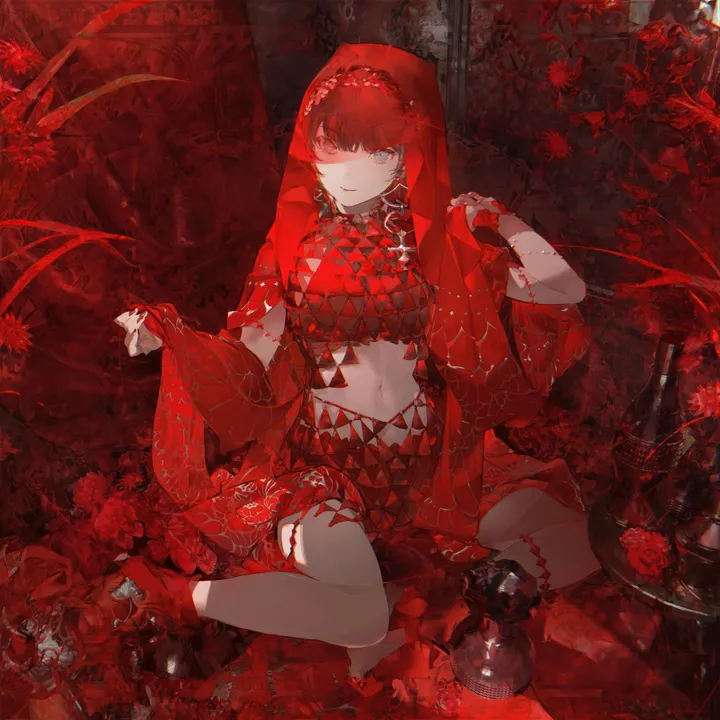 1girl,hood,bangs,solo,sitting,heterochromia,nail_polish,rose,jewelry,looking_at_viewer,short_hair,skirt,vertical,smile,red_theme,red_hair,red_nails,red_eyes,red_flower,red_footwear,earrings,navel,blue_eyes,midriff,flower,black_hair,black_nails