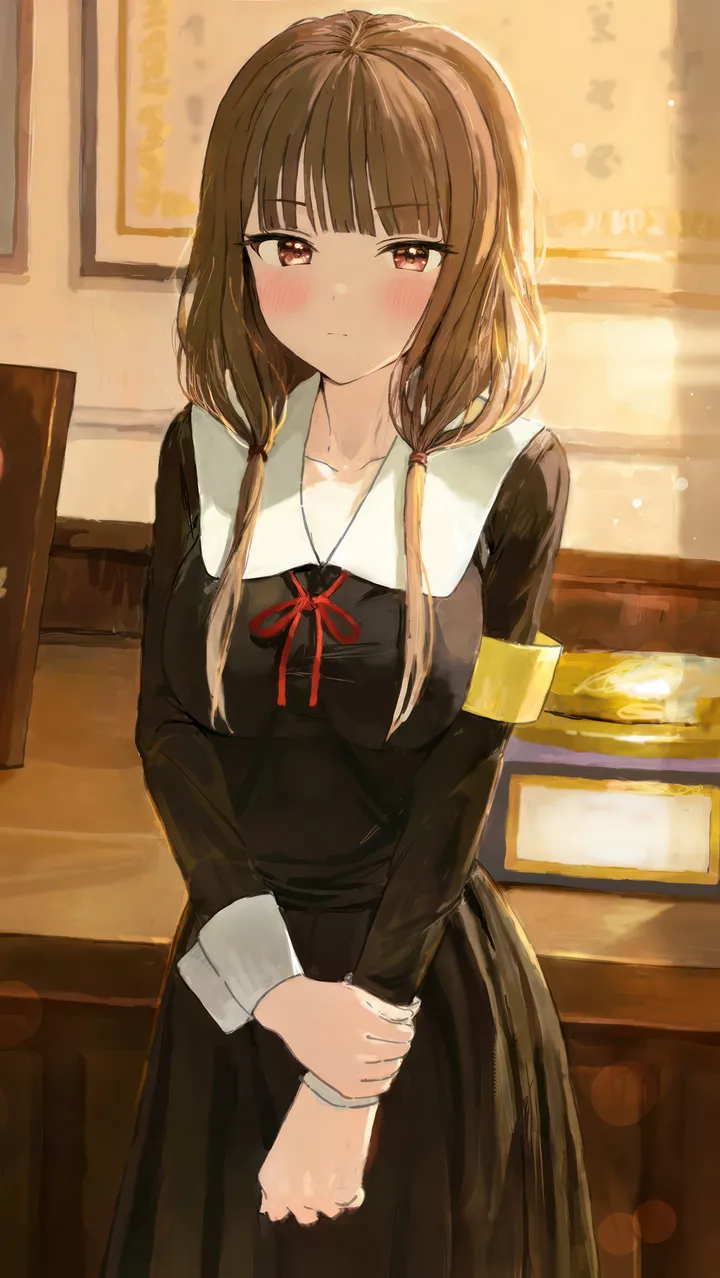 1girl,ribbon,breasts,low_twintails,bangs,solo,twintails,closed_mouth,indoors,school_uniform,brown_hair,brown_eyes,blunt_bangs,looking_at_viewer,vertical,red_ribbon,blush,armband,dress,collarbone,long_hair,long_sleeves,neck_ribbon,black_dress