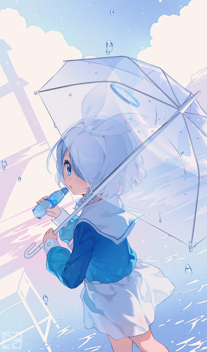 1girl,braid,cloud,bangs,solo,hairband,looking_back,halo,sky,hair_over_one_eye,bow_hairband,outdoors,holding,holding_bottle,holding_umbrella,school_uniform,water,serafuku,sailor_collar,water_drop,ramune,bottle,white_hairband,white_sailor_collar,white_skirt,looking_at_viewer,short_hair,skirt,vertical,blue_sky,blue_hair,blue_eyes,blue_shirt,shirt,transparent_umbrella,long_sleeves,umbrella