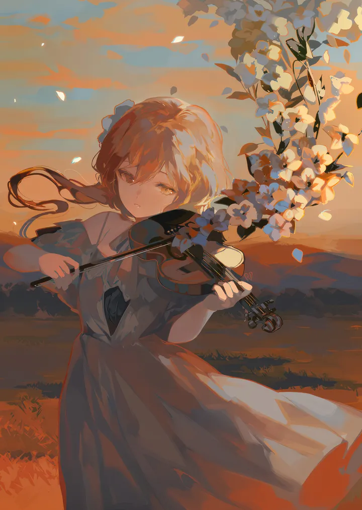 1girl,instrument,bangs,solo,sky,hair_ornament,violin,hair_between_eyes,parted_lips,outdoors,holding_instrument,holding,sunset,brown_hair,brown_eyes,playing_instrument,bow_music,white_flower,white_dress,vertical,standing,petals,grass,dress,long_hair,bare_shoulders,off_shoulder,music,wind,flower