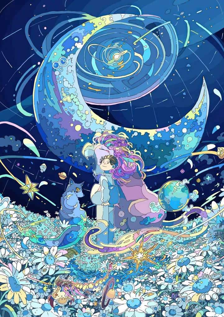 1girl,profile,solo,multicolored_hair,sky,wide_shot,crescent_moon,constellation,star_symbol,star_sky,moon,bubble,shooting_star,white_flower,vertical,standing,purple_hair,planet,long_hair,long_sleeves,flower