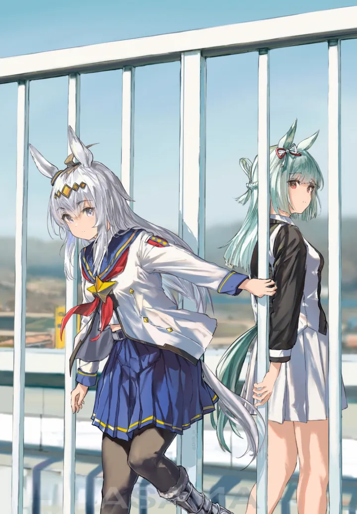 2girls,neckerchief,animal_ears,bangs,ahoge,multiple_girls,multicolored_hair,jacket,tail,outdoors,railing,sailor_collar,grey_hair,grey_eyes,ear_ornament,white_hair,white_jacket,white_skirt,pleated_skirt,looking_at_viewer,skirt,vertical,red_neckerchief,red_eyes,green_hair,blue_eyes,blue_skirt,shirt,pantyhose,long_hair,long_sleeves,boots,midriff,horse_girl,horse_tail,horse_ears,black_pantyhose