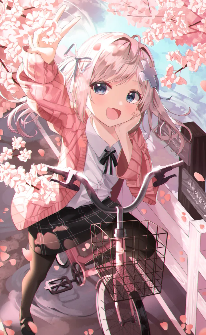 1girl,x_hair_ornament,ribbon,arm_up,bangs,solo,twintails,ground_vehicle,hair_ribbon,hair_ornament,open_cardigan,cardigan,open_mouth,outdoors,hand_on_own_cheek,hand_on_own_face,collared_shirt,cherry_blossoms,water,day,white_shirt,looking_at_viewer,skirt,vertical,standing,smile,pink_hair,pink_cardigan,blush,bicycle,petals,blue_eyes,bow,hair_bow,shirt,dress_shirt,open_clothes,pantyhose,long_hair,long_sleeves,shoes,flower,black_skirt,black_pantyhose,black_footwear