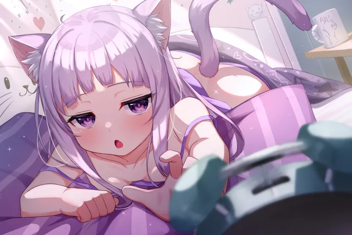 1girl,virtual_youtuber,breasts,animal_ears,bangs,blurry_foreground,solo,ahoge,on_bed,camisole,indoors,tail,ass,open_mouth,clock,depth_of_field,pillow,blurry,horizontal,cat_girl,cat_tail,cat_ears,under_covers,blunt_bangs,looking_at_viewer,purple_hair,purple_eyes,tail_raised,animal_ear_fluff,downblouse,blush,fang,strap_slip,bare_arms,waking_up,on_stomach,lying,small_breasts,collarbone,long_hair,alarm_clock,bare_shoulders