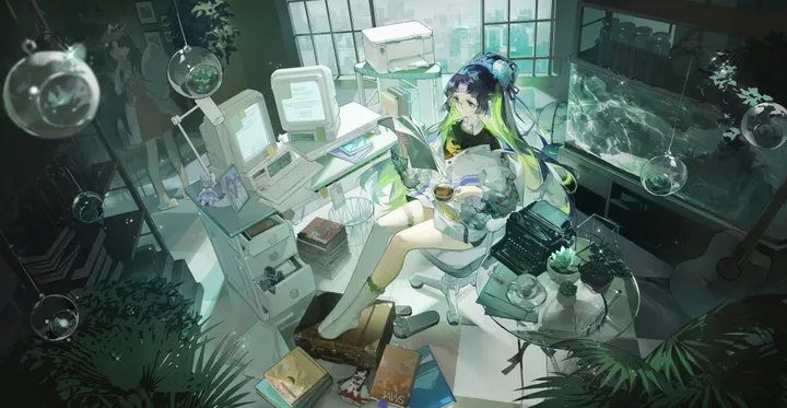 2girls,instrument,book,book_stack,bookshelf,desk,bangs,single_hair_bun,two-tone_hair,closed_mouth,hair_bun,sitting,shelf,multiple_girls,multicolored_hair,headphones,jacket,indoors,wide_shot,slippers,holding,monitor,cup,chair,plant,horizontal,bubble,tiles,tile_floor,keyboard_computer,white_socks,potted_plant,looking_at_viewer,shorts,window,smile,laptop,box,paper,green_hair,green_eyes,open_book,blue_hair,bow,shirt,socks,computer,long_hair,long_sleeves,off_shoulder,shoes,mug,ponytail,black_hair,mouse_computer