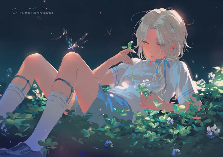 1boy,clover,reclining,ribbon,on_back,low_ponytail,parted_bangs,light_particles,bangs,solo,kneehighs,legwear_garter,night,hair_ribbon,aged_down,hair_over_shoulder,holding,holding_flower,collared_shirt,horizontal,male_focus,white_hair,white_flower,white_shirt,white_socks,short_sleeves,shorts,smile,fireflies,blue_ribbon,blue_shorts,bug,butterfly,shirt,socks,lying,long_hair,shoes,flower,black_footwear