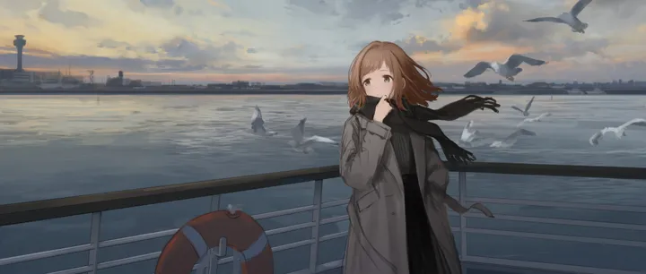 1girl,cloud,bangs,solo,scarf,horizon,coat,cloudy_sky,sky,outdoors,hand_in_pocket,lifebuoy,open_coat,railing,brown_hair,brown_eyes,horizontal,water,ocean,seagull,looking_at_viewer,watercraft,open_clothes,dress,long_sleeves,wind,scenery,bird,black_scarf,black_dress