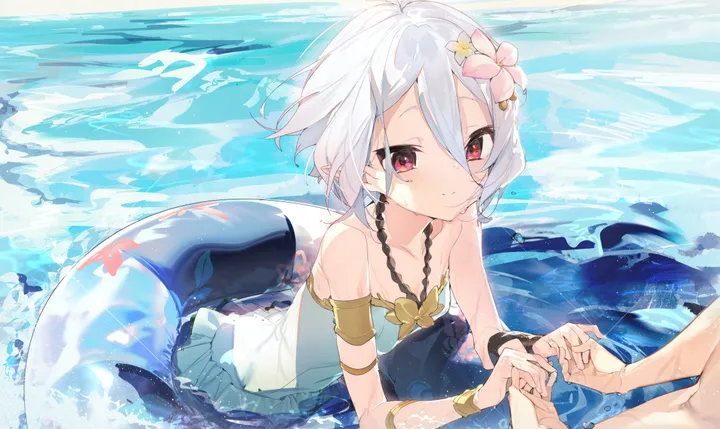 1girl,1boy,one-piece_swimsuit,antenna_hair,bangs,solo_focus,closed_mouth,split_mouth,hair_flower,hair_ornament,pointy_ears,hair_between_eyes,bracelet,horizontal,water,innertube,swimsuit,holding_hands,jewelry,white_hair,white_one-piece_swimsuit,short_hair,smile,pink_flower,elf,red_eyes,blush,armlet,frilled_swimsuit,wet,casual_one-piece_swimsuit,out_of_frame,partially_submerged,collarbone,bare_shoulders,flower