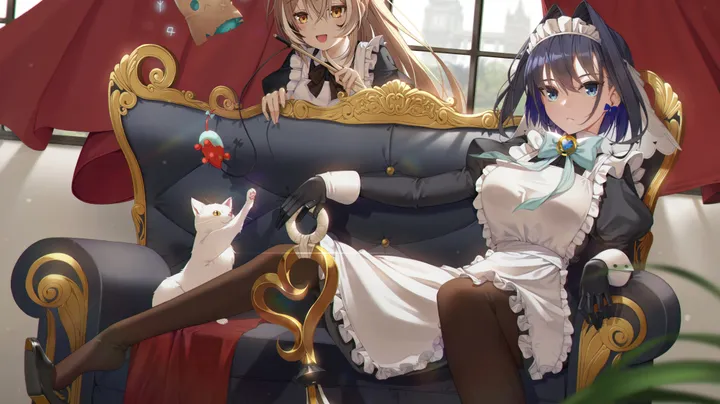 2girls,virtual_youtuber,ribbon,breasts,bangs,closed_mouth,apron,on_couch,sitting,multiple_girls,multicolored_hair,hair_ornament,maid,maid_apron,maid_headdress,enmaided,indoors,open_mouth,very_long_hair,gloves,armchair,holding,juliet_sleeves,brown_hair,brown_eyes,horizontal,couch,cat,jewelry,white_apron,looking_at_viewer,short_hair,alternate_costume,window,curtains,smile,feathers,earrings,frills,frilled_apron,blue_hair,blue_eyes,blue_bow,blue_bowtie,puffy_sleeves,bow,bow_earrings,large_breasts,hair_intakes,dress,pantyhose,cuffs,long_hair,long_sleeves,bowtie,ponytail,high_heels,black_hair,black_gloves,black_dress,black_footwear