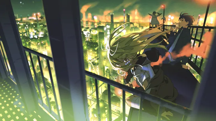 1girl,1boy,smoking,sitting,city,city_lights,cityscape,night,sky,jacket,building,outdoors,railing,horizontal,smoke,short_hair,blonde_hair,long_hair,wind,cigarette,black_hair