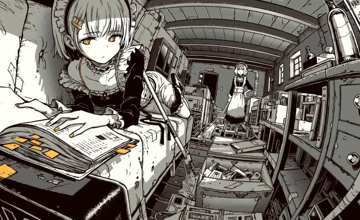 2girls,book,bangs,monochrome,hairclip,stairs,closed_mouth,apron,on_bed,multiple_girls,hair_ornament,maid,maid_apron,maid_headdress,indoors,spot_color,bed,broom,nail_polish,pillow,horizontal,orange_nails,orange_eyes,jewelry,short_hair,earrings,frills,frilled_apron,lying,dress,choker,necklace,greyscale