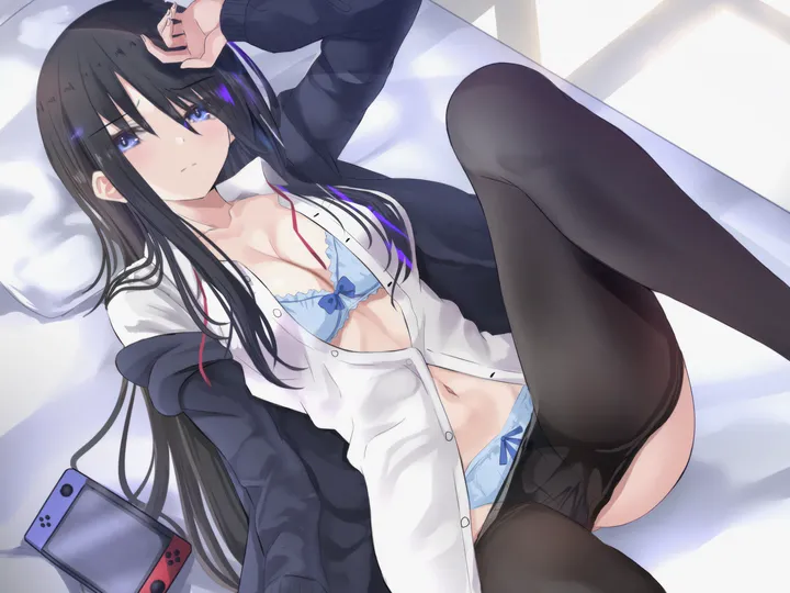 1girl,clothes_pull,medium_breasts,breasts,cleavage,on_back,nintendo_switch,underwear,panties,bangs,solo,closed_mouth,jacket,bow_bra,collared_shirt,pillow,school_uniform,horizontal,white_shirt,looking_at_viewer,navel,bra,blush,blue_panties,blue_eyes,blue_bra,bow,shirt,pantyhose_pull,open_clothes,open_shirt,lying,pantyhose,collarbone,long_hair,long_sleeves,black_hair,black_pantyhose