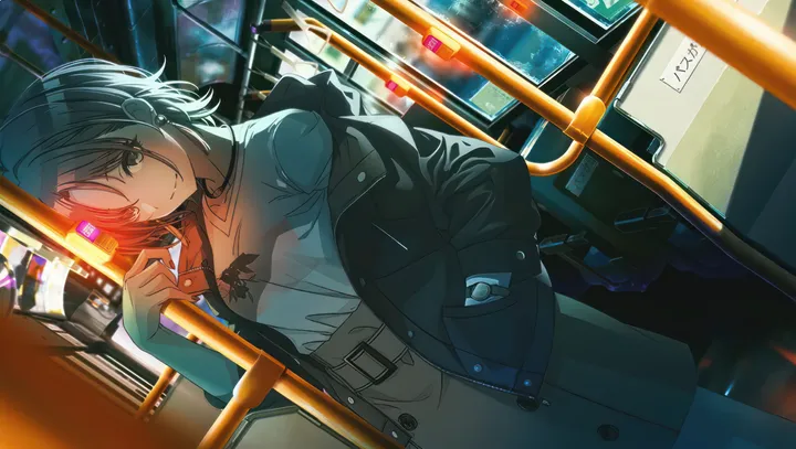 1girl,dutch_angle,parted_bangs,bangs,solo,ahoge,multicolored_hair,night,jacket,outdoors,hand_in_pocket,railing,horizontal,jewelry,white_shirt,looking_at_viewer,short_hair,skirt,smile,earrings,blue_hair,shirt,open_jacket,open_clothes,off_shoulder,necklace,black_jacket