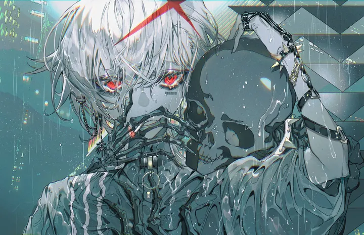 1boy,1other,upper_body,bangs,solo,multiple_rings,halo,spikes,hair_between_eyes,ring,bracelet,holding,horizontal,jewelry,male_focus,white_hair,looking_at_viewer,short_hair,red_eyes,earrings,shirt,wet,rain,skull