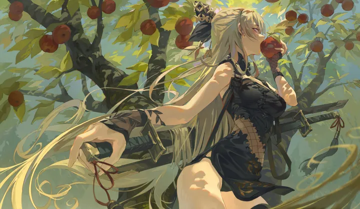 1girl,cowboy_shot,chinese_clothes,breasts,profile,sheathed,underwear,panties,bangs,sword,sheath,solo,eating,nature,hair_ornament,very_long_hair,outdoors,holding,holding_fruit,holding_food,china_dress,sleeveless,sleeveless_dress,katana,tree,horizontal,weapon,fruit,red_eyes,navel,apple,thighhighs,dress,blonde_hair,long_hair,bare_shoulders,food,black_panties,black_dress