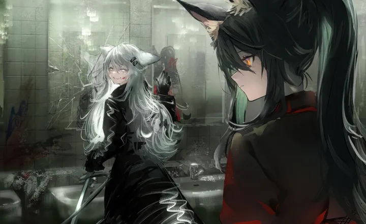 2girls,scar,animal_ears,bangs,sword,reflection,hairclip,coat,multiple_girls,multicolored_hair,hair_ornament,jacket,official_alternate_costume,indoors,hair_between_eyes,gloves,holding_sword,holding_weapon,holding,horizontal,weapon,grey_hair,grey_eyes,wolf_ears,white_hair,scar_across_eye,smile,red_shirt,animal_ear_fluff,from_behind,blood_on_face,blood,shirt,mirror,long_hair,long_sleeves,ponytail,yellow_eyes,black_coat,black_hair,black_jacket,black_gloves