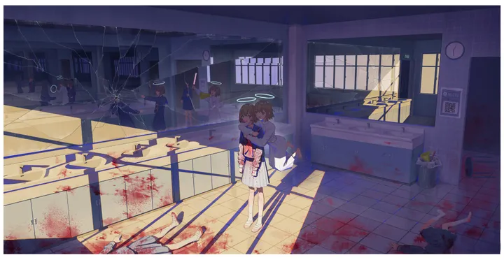 2girls,bangs,multiple_girls,halo,indoors,open_mouth,hug,holding,classroom,clock,school_uniform,brown_hair,plant,horizontal,death,sink,tiles,tile_floor,white_skirt,white_footwear,short_hair,skirt,broken_glass,window,standing,blood_on_face,blood,blood_splatter,blood_on_clothes,shirt,barefoot,dress,long_sleeves,shoes