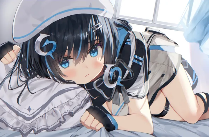 1girl,medium_breasts,breasts,cleavage,on_side,bangs,solo,two-tone_hair,hairclip,closed_mouth,multicolored_hair,thigh_strap,hair_ornament,indoors,hat,bed_sheet,hair_between_eyes,gloves,streaked_hair,fingerless_gloves,pillow,horizontal,white_headwear,white_dress,looking_at_viewer,window,curtains,blush,blue_hair,blue_eyes,beret,lying,dress,black_hair,black_gloves