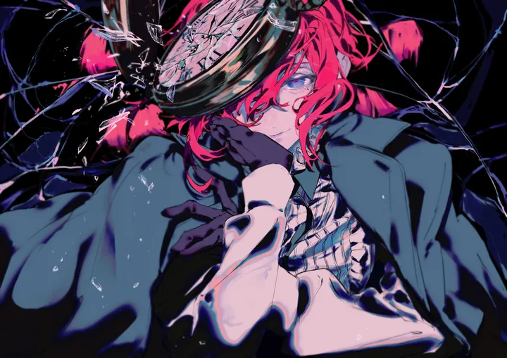 1boy,upper_body,solo,hair_over_one_eye,jacket,hat,gloves,head_rest,horizontal,glass,jacket_on_shoulders,male_focus,white_shirt,looking_at_viewer,broken_glass,red_hair,frills,blue_eyes,shirt,crack,long_sleeves,black_gloves,black_background