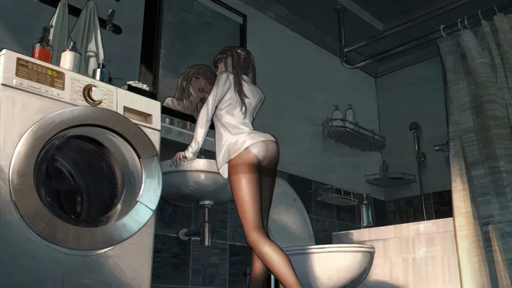 1girl,underwear,panties,bangs,solo,feet_out_of_frame,twintails,reflection,indoors,ass,brown_hair,brown_eyes,brown_pantyhose,horizontal,sink,faucet,no_pants,washing_machine,bathroom,toothbrush,tile_wall,white_panties,white_shirt,panties_under_pantyhose,standing,from_behind,shirt,thighband_pantyhose,pantyhose,mirror,long_hair,long_sleeves,black_hair