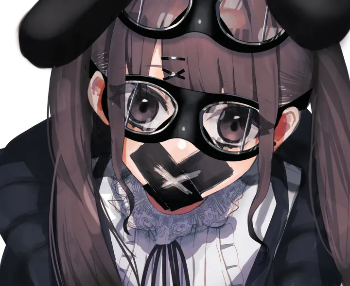 1girl,ribbon,bangs,solo,twintails,hairclip,mouth_mask,hair_ornament,hat,simple_background,brown_hair,brown_eyes,horizontal,white_background,blunt_bangs,looking_at_viewer,glasses,tape,shirt,beret,long_hair,mask,black_headwear