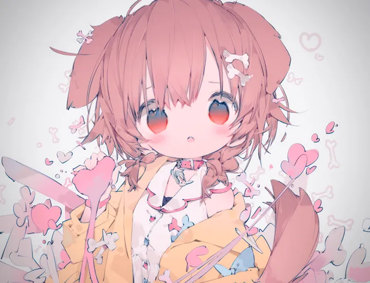 1girl,virtual_youtuber,braid,twin_braids,upper_body,animal_ears,bangs,solo,hair_ornament,jacket,animal_collar,tail,hair_between_eyes,open_mouth,heart,holding,sleeveless,brown_hair,horizontal,dog_girl,leash,dog_tail,dog_ears,white_dress,looking_at_viewer,red_eyes,red_collar,blush,fang,open_jacket,open_clothes,dress,long_hair,off_shoulder,collar,bone_hair_ornament,yellow_jacket