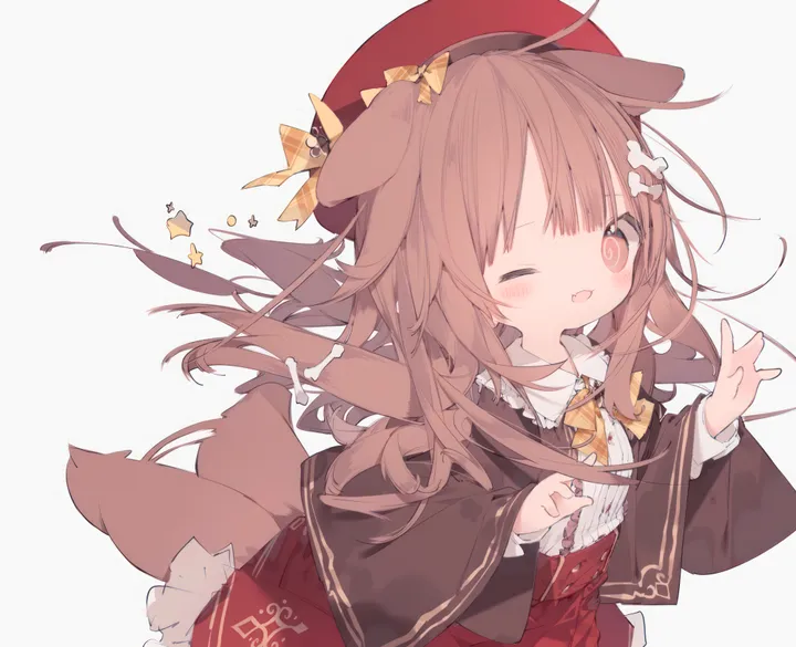 1girl,virtual_youtuber,animal_ears,bangs,solo,cartoon_bone,hair_ornament,jacket,capelet,tail,hat_bow,hat,open_mouth,star_symbol,collared_shirt,simple_background,brown_hair,brown_capelet,brown_eyes,horizontal,dog_girl,dog_tail,dog_ears,white_background,white_shirt,looking_at_viewer,skirt,smile,red_headwear,red_skirt,blush,frills,frilled_skirt,bow,shirt,beret,long_hair,long_sleeves,one_eye_closed,bowtie,bone_hair_ornament,high-waist_skirt,yellow_bow,yellow_bowtie