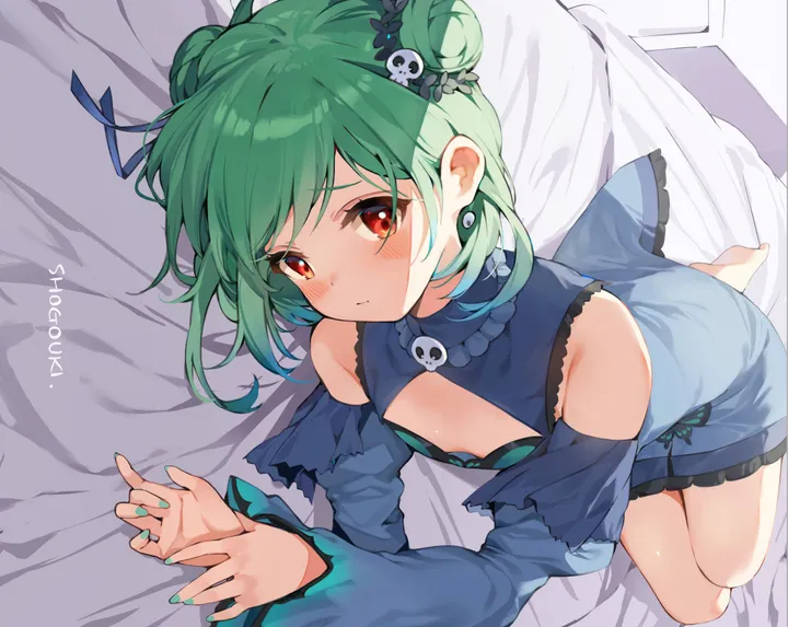 1girl,virtual_youtuber,double_bun,detached_sleeves,ribbon,on_side,bangs,animal_print,solo,closed_mouth,hair_bun,on_bed,multicolored_hair,hair_ribbon,hair_ornament,wide_sleeves,flat_chest,bed_sheet,fingernails,nail_polish,strapless,strapless_dress,horizontal,jewelry,looking_at_viewer,short_hair,red_eyes,green_hair,green_nails,earrings,blush,frills,frilled_dress,blue_sleeves,blue_dress,butterfly_print,barefoot,lying,short_dress,dress,long_sleeves,bare_shoulders,skull_hair_ornament,skull_earrings