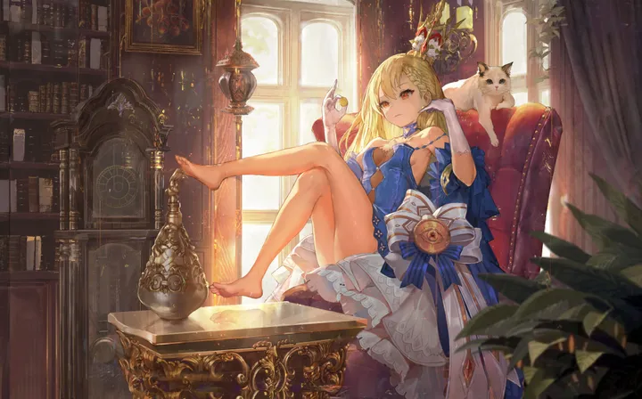 1girl,braid,medium_breasts,book,bookshelf,breasts,cleavage,crossed_legs,bangs,solo,globe,sitting,indoors,gloves,holding,clock,chair,plant,horizontal,cat,white_gloves,crown,window,curtains,red_eyes,feet,blue_dress,bare_legs,barefoot,dress,blonde_hair,long_hair,elbow_gloves,sunlight,bare_shoulders