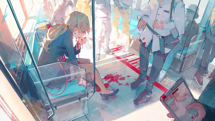 1girl,6-boys,train_interior,solo_focus,sitting,multiple_boys,phone,holding_phone,holding,smartphone,horizontal,formal,skirt,cellphone,red_eyes,blood,blood_on_clothes,suit,pantyhose,blonde_hair,long_hair,long_sleeves,shoes,high_heels,black_footwear