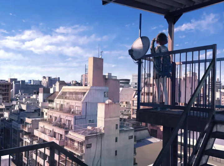 1girl,cloud,hood,bag,solo,backpack,city,cityscape,sky,jacket,rooftop,building,outdoors,railing,school_uniform,horizontal,hood_down,day,pleated_skirt,short_hair,skirt,standing,from_behind,blue_sky,socks,hoodie,facing_away,shoes,scenery,black_hair