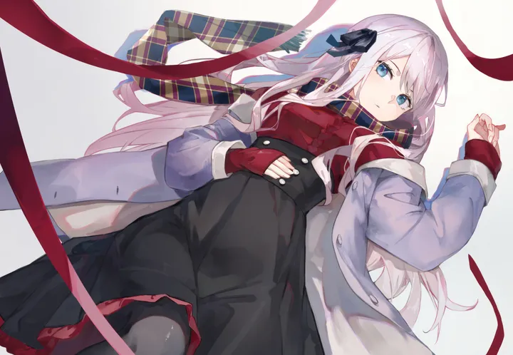 1girl,ribbon,on_back,bangs,solo,closed_mouth,scarf,coat,hair_ribbon,jacket,open_coat,simple_background,plaid,plaid_scarf,horizontal,white_background,looking_at_viewer,skirt,red_shirt,frills,blue_eyes,shirt,sleeves_past_wrists,open_clothes,lying,pantyhose,long_hair,long_sleeves,off_shoulder,high-waist_skirt,black_skirt,black_pantyhose