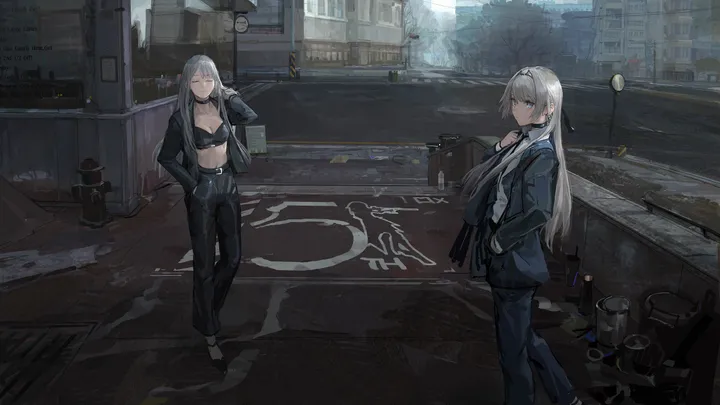 2girls,medium_breasts,breasts,cleavage,underwear,bangs,hairband,closed_mouth,ground_vehicle,city,multiple_girls,jacket,building,outdoors,hand_in_pocket,motor_vehicle,horizontal,formal,car,grey_hair,white_hair,white_shirt,looking_at_viewer,standing,smile,purple_eyes,navel,bra,blue_eyes,street,shirt,pants,suit,open_jacket,open_clothes,road,road_sign,long_hair,long_sleeves,choker,necktie,black_jacket,black_bra,black_pants,black_footwear,black_choker