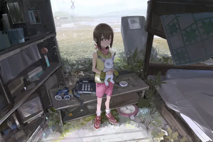 1girl,solo,building,goggles,holding,sleeveless,cup,brown_hair,brown_eyes,plant,horizontal,stuffed_animal,stuffed_toy,looking_at_viewer,short_hair,shorts,window,standing,pink_shorts,shirt,socks,shoes,scenery