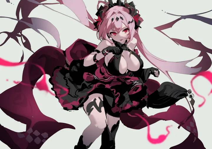 1girl,breasts,cleavage,bangs,solo,twintails,hair_ornament,very_long_hair,gloves,simple_background,horizontal,paw_pose,white_background,looking_at_viewer,pink_hair,red_eyes,large_breasts,thighhighs,dress,long_hair,black_gloves,black_dress