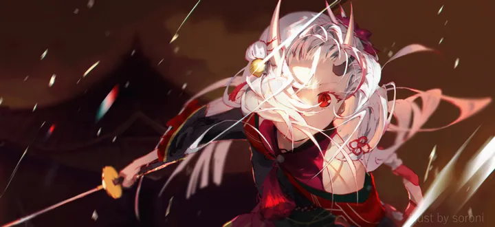 1girl,virtual_youtuber,artist_name,sword,solo,dual_wielding,kimono,hair_bun,multicolored_hair,hair_ornament,hair_bell,holding_sword,holding_weapon,holding,streaked_hair,japanese_clothes,katana,blurry,horizontal,weapon,jingle_bell,white_hair,looking_at_viewer,red_hair,red_eyes,horns,bell,long_hair,bare_shoulders,off_shoulder,mask,floating_hair,oni,oni_horns,oni_mask