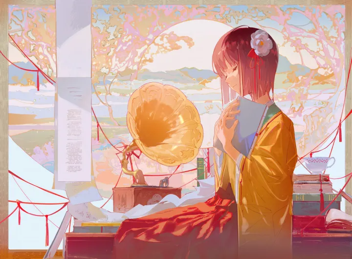 1girl,ribbon,book,book_stack,cloud,from_side,bangs,solo,scroll,closed_eyes,kimono,closed_mouth,globe,sitting,sky,hair_flower,hair_ornament,indoors,wide_sleeves,holding,holding_book,japanese_clothes,tree,horizontal,phonograph,short_hair,skirt,smile,purple_hair,red_ribbon,red_skirt,red_hakama,hakama,hakama_skirt,long_sleeves,flower,yellow_kimono