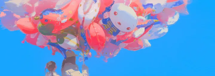 1girl,1boy,sky,brown_hair,horizontal,balloon,short_hair,red_eyes,from_behind,blue_background