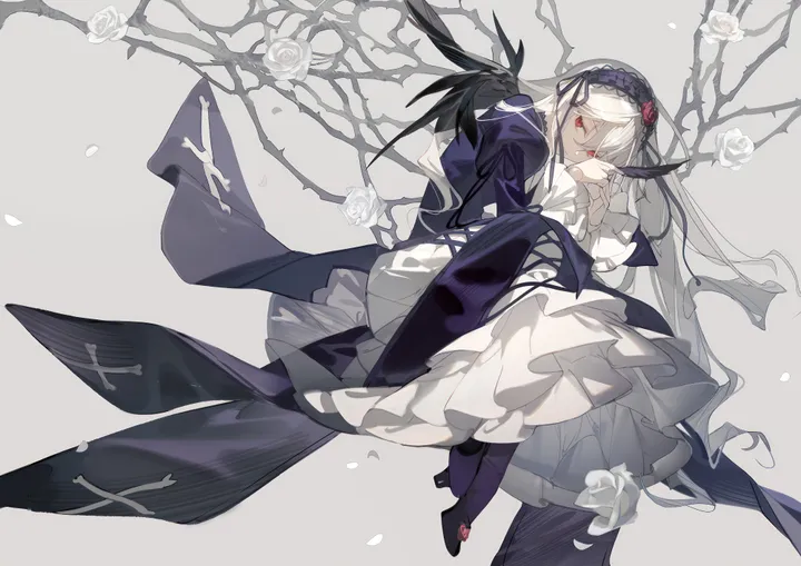 1girl,full_body,bangs,solo,hairband,gothic_lolita,hair_between_eyes,juliet_sleeves,simple_background,horizontal,lolita_hairband,lolita_fashion,rose,white_hair,white_rose,white_background,white_flower,looking_at_viewer,red_eyes,wings,frills,puffy_sleeves,dress,long_hair,long_sleeves,boots,high_heels,flower,black_wings,black_dress