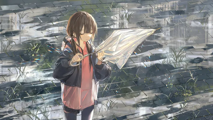 1girl,cowboy_shot,hood,bangs,solo,closed_eyes,twintails,reflection,closed_mouth,jacket,outdoors,holding,holding_umbrella,brown_hair,horizontal,water,puddle,hood_down,standing,grass,shirt,open_jacket,open_clothes,hoodie,pantyhose,transparent,transparent_umbrella,long_hair,long_sleeves,rain,umbrella,black_jacket,black_pantyhose