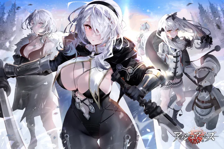 3girls,4girls,breast_curtains,breasts,cleavage,bangs,sword,hairband,multiple_girls,hair_over_one_eye,outdoors,gloves,holding_sword,holding_weapon,gauntlets,holding,horizontal,weapon,fur_trim,stuffed_animal,stuffed_toy,copyright_name,jewelry,white_hair,armor,looking_at_viewer,short_hair,revealing_clothes,leotard,red_eyes,blush,bow,hair_bow,large_breasts,dress,long_hair,snow,necklace,yellow_eyes,black_hairband,black_gloves