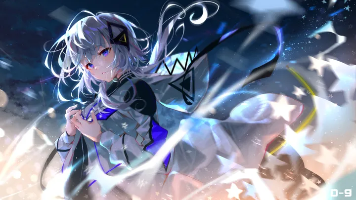 1girl,virtual_youtuber,upper_body,hood,bangs,solo,hands_up,multicolored_eyes,night,sky,hair_ornament,jacket,capelet,hair_between_eyes,parted_lips,star_symbol,star_sky,starry_sky,horizontal,hood_down,white_hair,looking_at_viewer,purple_eyes,blue_eyes,long_hair,long_sleeves,floating_hair