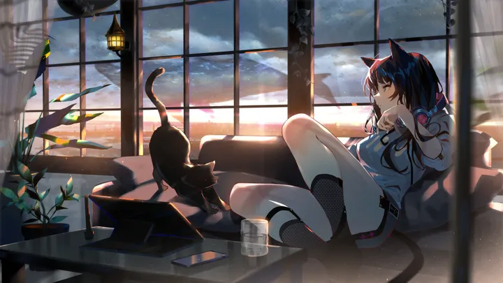 1girl,book,cloud,hood,animal_ears,bangs,animal,solo,knee_up,closed_mouth,sitting,cloudy_sky,sky,headphones,indoors,tail,sunset,can,cup,pillow,plant,horizontal,couch,hood_down,lamp,cat,cat_girl,cat_tail,cat_ears,potted_plant,shorts,window,curtains,laptop,short_shorts,headphones_around_neck,shirt,socks,computer,hoodie,long_hair,black_hair,black_cat,black_shorts