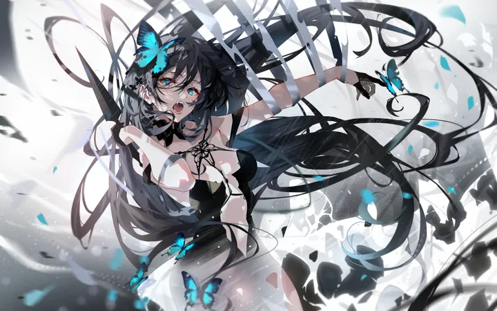 1girl,medium_breasts,breasts,cleavage,artist_name,bangs,solo,hair_ornament,hair_between_eyes,open_mouth,very_long_hair,gloves,horizontal,teeth,looking_at_viewer,blue_eyes,blue_butterfly,bug,butterfly,butterfly_hair_ornament,dress,long_hair,bare_shoulders,floating_hair,black_hair,black_gloves,black_dress