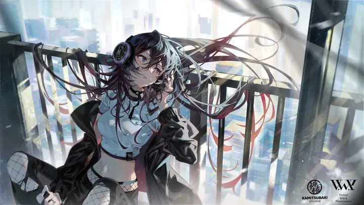 1girl,medium_breasts,breasts,bangs,solo,sitting,city,multicolored_hair,headphones,jacket,stomach,hair_between_eyes,building,very_long_hair,parted_lips,outdoors,hand_up,railing,horizontal,fishnets,white_shirt,belt,torn_clothes,torn_pants,looking_away,red_hair,navel,blue_eyes,shirt,pants,open_jacket,open_clothes,long_hair,long_sleeves,midriff,off_shoulder,crop_top,choker,floating_hair,black_hair,black_jacket,black_pants,black_choker